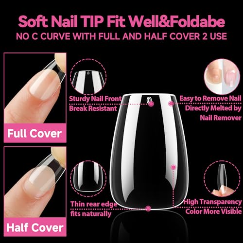 Image of UNA GELLA Short Coffin Nail Tips 216pcs Short Coffin Gel Nail Tips 12 Sizes Full Cover Soft Gel Clear Fake Nails Extension for Home DIY Salon