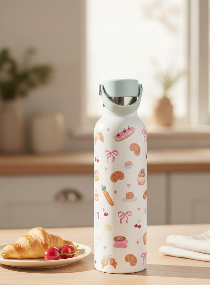 New Stunning Pastel Brunch Print Stainless Steel Water Bottle – Insulated Travel Flask with Carry Handle,Gift for School or Work -A86