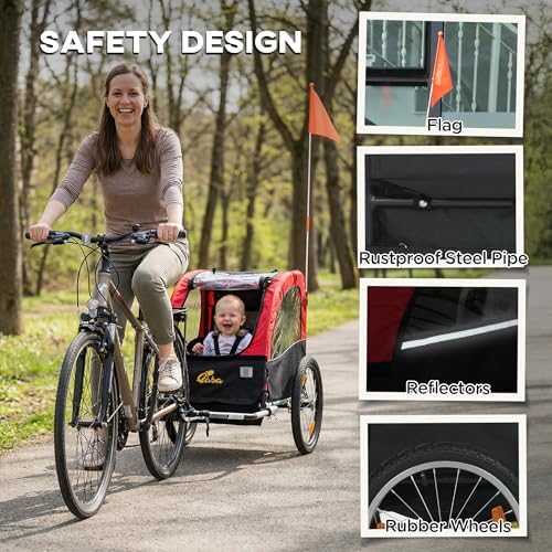 Qaba Bike Trailer for Kids, Baby Bicycle Trailer with 16" Rubber Wheels, 5-Point Harness, Storage Pocket, Waterproof Cover, Safety Flag, Reflectors, for 18+ Months, Red - 5