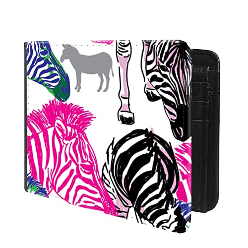 (Colorful Zebra Pattern-1 Front Pocket Slim Bifold Leather Wallet RFID Blocking with ID Window for Men