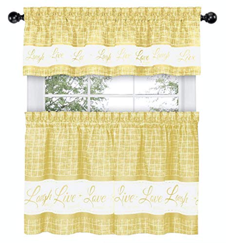 Image of GoodGram Country Gingham Check Live~Laugh~Love 3 Pc. Cafe Plaid Kitchen Curtain Set - Assorted Colors & Sizes (Yellow, 36 in. L)