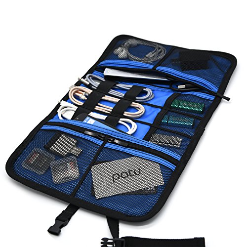 Patu Roll Up Electronics Accessories Travel Gear Organizer Case, Portable Universal External Batteries Hard Drives Cables Cosmetics Kit Bag, Navy #TOP6