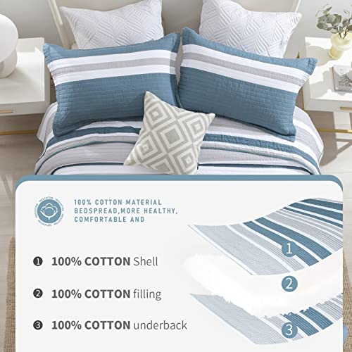 Finlonte Summer Quilts Queen Size - 100% Cotton Queen Quilt, Blue Striped Queen Size Quilt, Lightweight Soft Queen Quilt Sets For All Season, 3 Pieces #TOP3