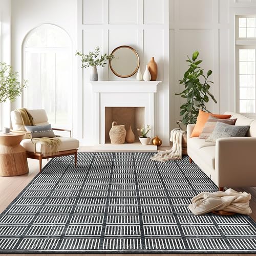 Rugshop Bohemian Stripe Lines Washable Non Slip Area Rug 8' x 10' Black