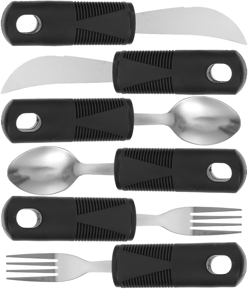 Anti-Shake Elderly Adaptive Utensils Set with Non-Slip Thick Handles Lightweight Stainless Steel Tableware for Hand Tremors Arthritis Patients 6-Piece