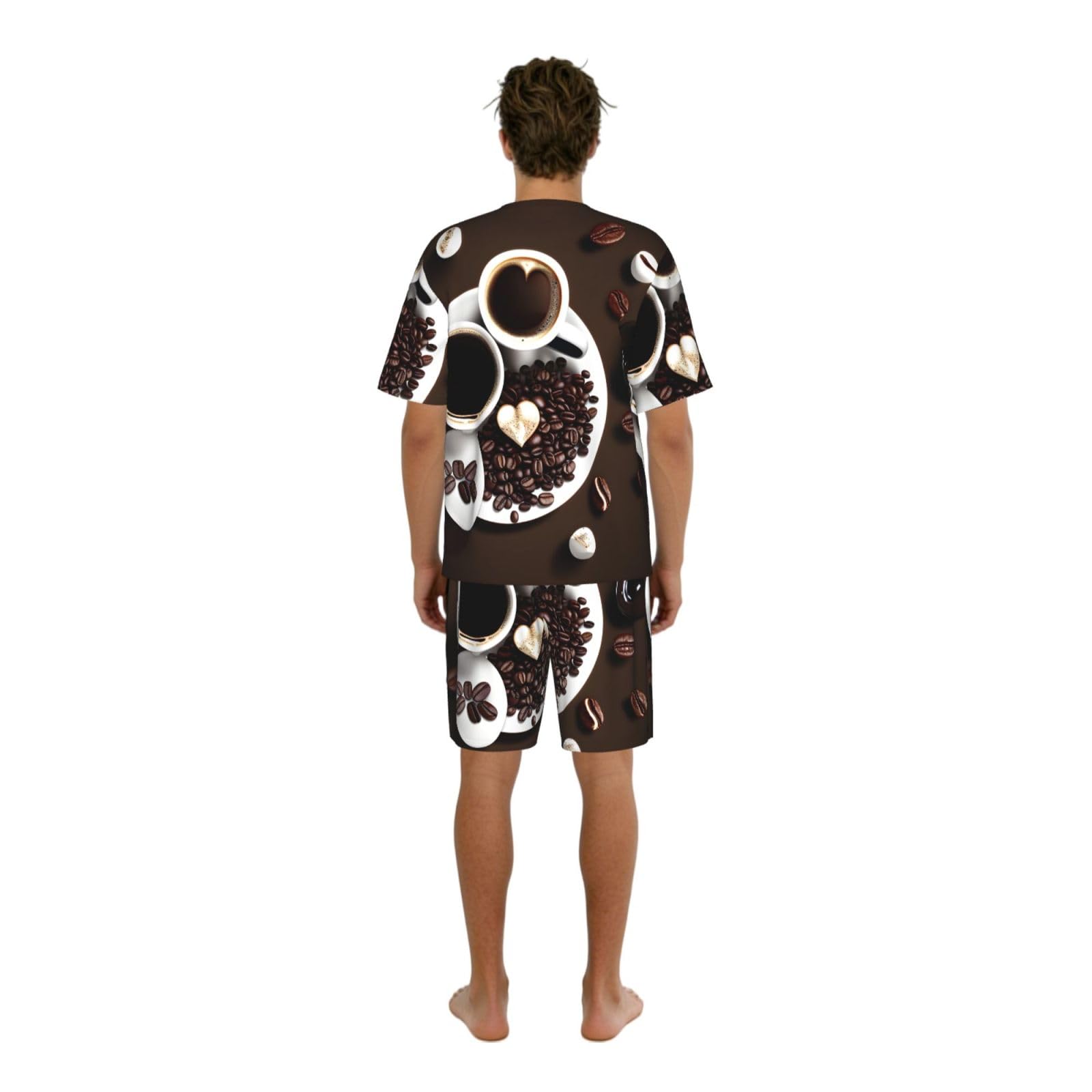 Conjunto de pijama clásico con estampado de collage de café, pantalones cortos de pijama suaves para hombre, perfecto para las noches de verano