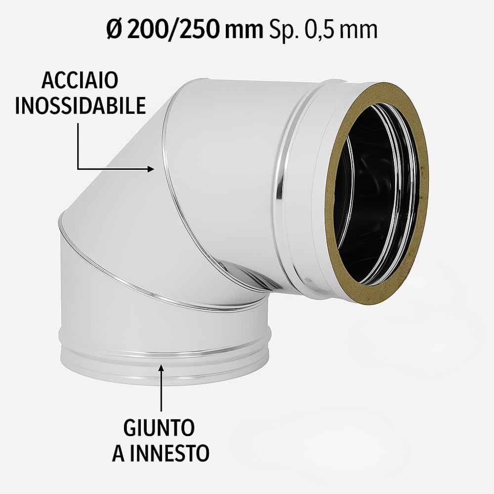 FORTUNATO Curva 90° per Canna Fumaria, Doppia Parete, Diametro 200/250 mm, Acciaio Inox AISI 316L/304 Spessore 0,5 mm
