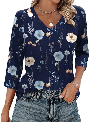Image of Zeagoo Tops for Women 2026 Summer 3 /4 Length Sleeve T Shirts Dressy Casual V Neck Floral Blouses Vacation Clothes