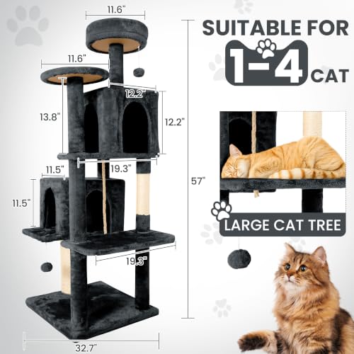 Image of 57inch Large Cat Tree Tower Condo for Indoor Cats, Soft Plush Multi-Level Climbing Tree Cat House with Cat Cave, Scratching Post, More Entrance /Exit, Sisal Rope, Grey Black