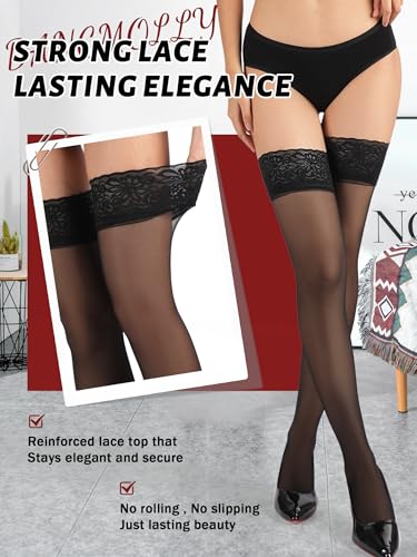 DancMolly Women’s Thigh High Stockings with Reinforced Lace Top, Silicone Stay Up Sheer Pantyhose2