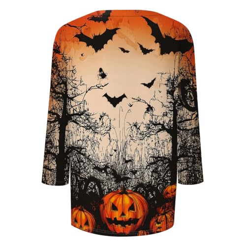 Image of Women Spooky Halloween Graphic Shirt 3 /4 Length Sleeve Crewneck Top | Halloween Funny Printed Pumpkin Plus Size Tshirts 2026 Fall Outfits Skeleton Tee Going Out Tops