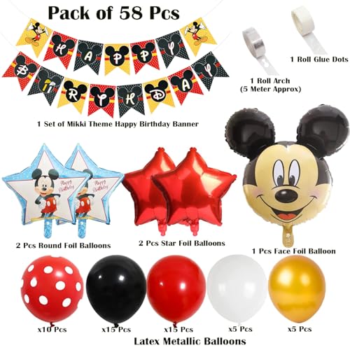 Image of Rozi Decoration Mikkey Theme Birthday Balloons Decorations Combo Set of 58 Pcs Mikkey Bday Decoration Items For Boy, Cartoon Foil Balloons for 1st Birthday Decoration