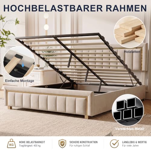 Miniatura 4 de Bpkadhy Cama Tapizada Doble De 160 X 200 Cm, Cama Con Canapé Abatible Hidráulico, Estructura Con Cabecero Y Somier De Láminas De Madera, Cama Funcional Juvenil Con Respaldo, Terciopelo, Blanco Arroz
