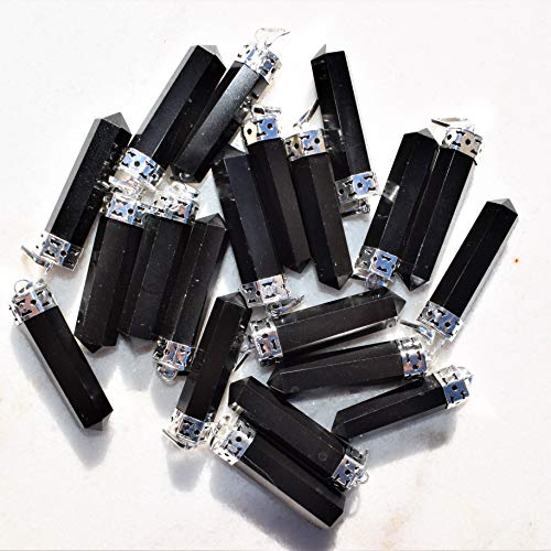 Zenergy Gems Selenite Charged Faceted Hand-Made Natural Black Onyx Crystal Pencil Point Pendants + Selenite Heart Charging Crystal [Included]3