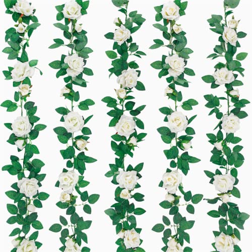 Zifty 5Pcs 32.5Ft White Rose Garland Fake Flower Vines Faux Artificial Floral Garland Hanging Rose Ivy For Wedding Arch Garden Ceremony Background Valentine's Day Outdoor Wall Decor #TOP22