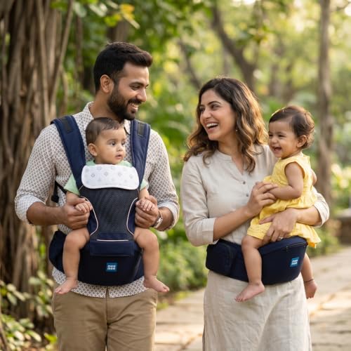 Image of Mee Mee Vistara Gold 6-in-1 Baby Sling Carrier with Hip Seat | Ergonomic Lumbar Support | Premium Gold Finish | Breathable Mesh Fabric | Adjustable & Secure for Newborns to Toddlers (Up to 15 kg, Darkblue)