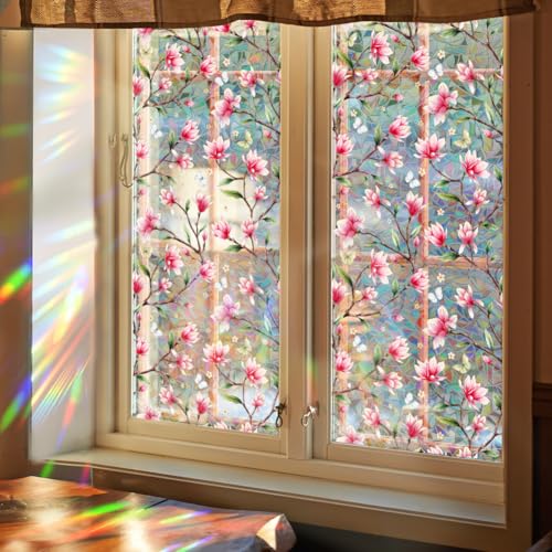Image of JOONOR Pink Magnolia Flower Sunroof Film Floral Rainbow Effect Static Clings Window Privacy Film Sun Protection Stained Glass Decals for Car Moonroof & Side Windows, 17.72 x 35.43 Inch