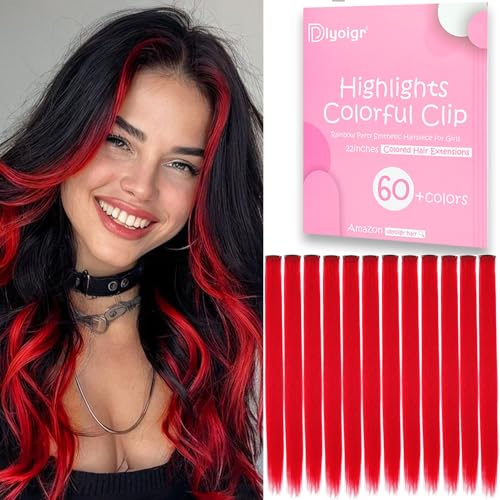 12PCS Red Hair Extensions Clip In 22Inches Straight Colored Hair Extensions For Kids Girls Colorful Highlights For Parties Gifts(Red)