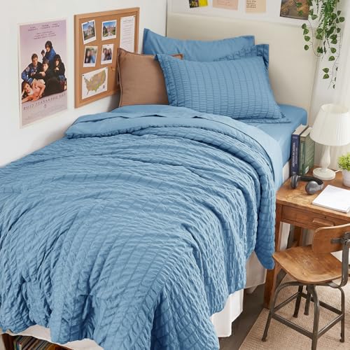 Image of HYMOKEGE Mineral Blue Twin Comforter Set Seersucker 5 Pieces, All Season Luxury Bed in a Bag for Bedroom, Bedding Set with Comforter, Sheets, Pillowcase & Sham