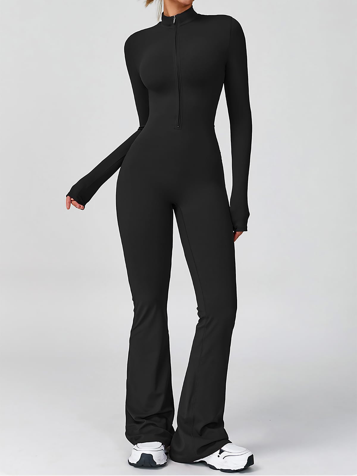 Ecupper Sport Jumpsuits für Damen mit Langarm Einteiler Overalls Flare Romper Reißverschluss Workout Sportanzug