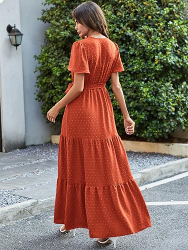 Image of MASCOMODA Women Boho Swiss Dot Maxi Dresses Wrap V Neck Flutter Short Sleeve Solid Tie Waist A Line Tiered Flowy Long Dresses