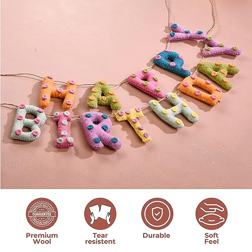 Image of Folkulture Happy Birthday Garland | 72 Inches Outdoor Wool Felt Ball Garlands | Party Garland for Wall Decor | Easy to Hang Happy Birthday Banner for Boho Decor | Garlands for Party Decor