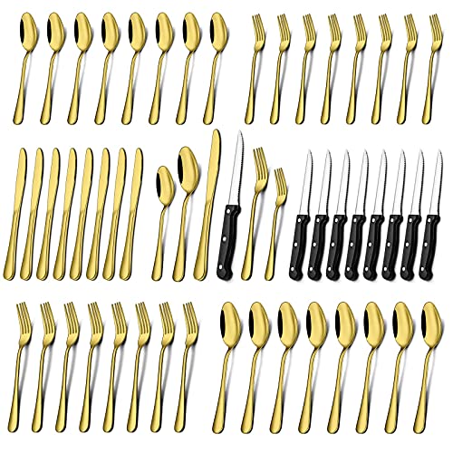 Umite Chef Gold Silverware Set, 24 Piece Stainless Steel Flatware Cutlery Set Service for 4, Tableware Eating Cutlery Set Include Knives/Forks/Spoons/Steak knives, Mirror Polished, Dishwasher Safe