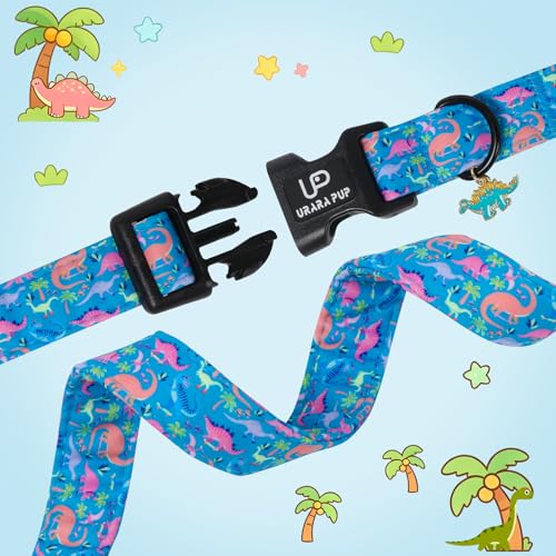 Image of Dinosaur Dog Collar, Summer Spring Cotton Dog Collar, Cute Dino Pattern Adjustable Light Blue Pet Collar, Lightweight Durable Quick Release Buckle with Charm for Male Dogs