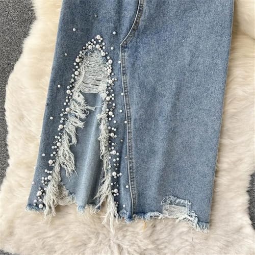 Women Pearls Beading Denim Skirts Summer High Waist Split Ripped Holes Midi Jean Skirt4