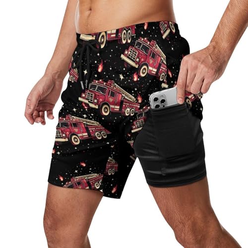Fire Trucks Beach Shorts for Men Swim Trunks Quick Dry Swim Shorts with Compression Liner Pocket2