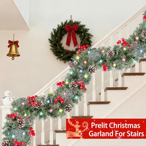Timer - 9Ft by 10 Inch Prelit Christmas Garland with 50 Colorful Lights, Thick 270 Snowy Tips 70 Red Berry 10 Pinecone Battery Operated 8 Mode Real Touch Cedar Valentines Garland Mantle Indoor Outdoor by Camlinbo - Image 3