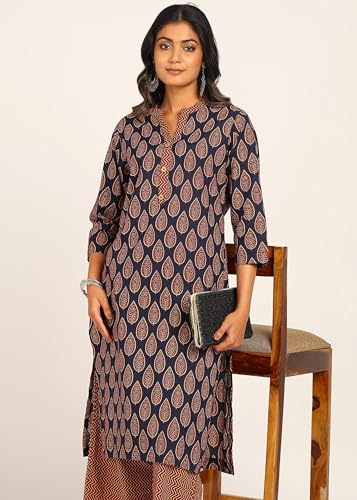Image of BLOCKS OF INDIA Women's Solid Straight Kurta Set | Hand-Stitched Neck Details with Pintucks | Comfortable Pants with Pockets, Elastic Waist & Drawstring Fit