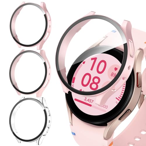 PWJCLT 3-Pack Case for Samsung Galaxy Watch 4/5/FE 40mm Screen Protector Ultra Thin Tempered Glass Full Coverage Scratch Resistant PC Protective Cover For Women Men