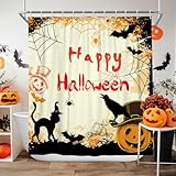 DASHAN Halloween Shower Curtain Scary Pumpkin Shower Curtains for Bathroom Spooky Black Cat and Bats Bathroom Curtain Spider Web Waterproof Fabric Bath Curtain 72"x72"