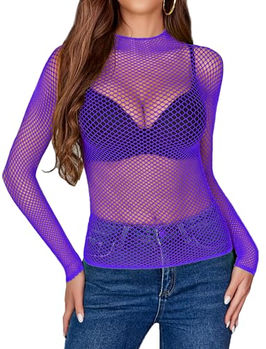 Image of Avidlove Women's Sexy Fishnet Mesh Long Sleeve Tops Mock Neck Sheer Lace See-Through Blouse Bodycon Clubwear Party Tops