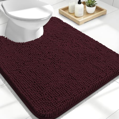 Image of OLANLY Toilet Rugs U-Shaped 24x20, Extra Soft Absorbent Chenille Contour Bathroom Rugs for Toilet, Dry Quickly, Machine Washable, Non-Slip Bath Mat, Black Cherry