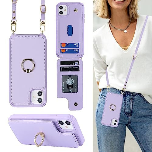 Image of for iPhone 11 Phone Case with Card Holder and Strap for Women,Crossbody Lanyard,RFID Blocking,Kickstand Ring Stand,Snap Clasp,Phone Wallet Cases 6.1 inch(Purple)