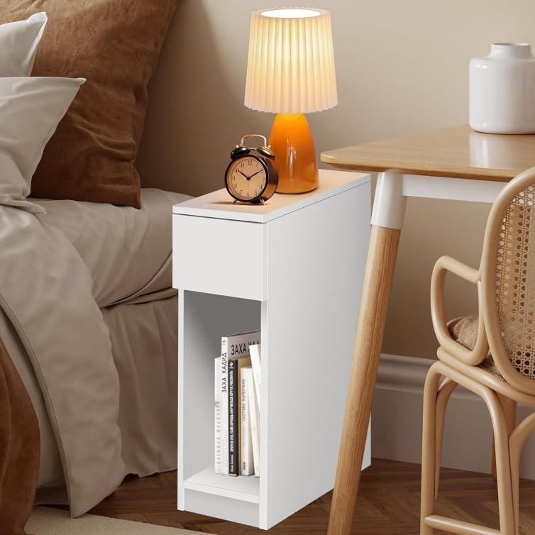 Narrow Bedside Table, White Slim Side Table, Side End Table with Drawer and Open Shelf for Small Spaces, Magazine Rack Bedroom Bedside Cabinet Wooden Side Table for Living Room (33L x 20W x 60H cm)