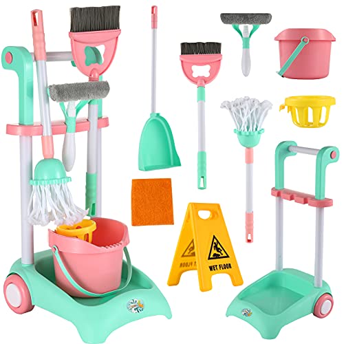 KLT New Upgraded Kids Cleaning Set for Toddlers, Stable Pretend Play Housekeeping Cart, Kids Cleaner Kitchen Toys, Cleaning Supplies Tools for Kids Boy Girl with Kids Broom Mop Dustpan Set