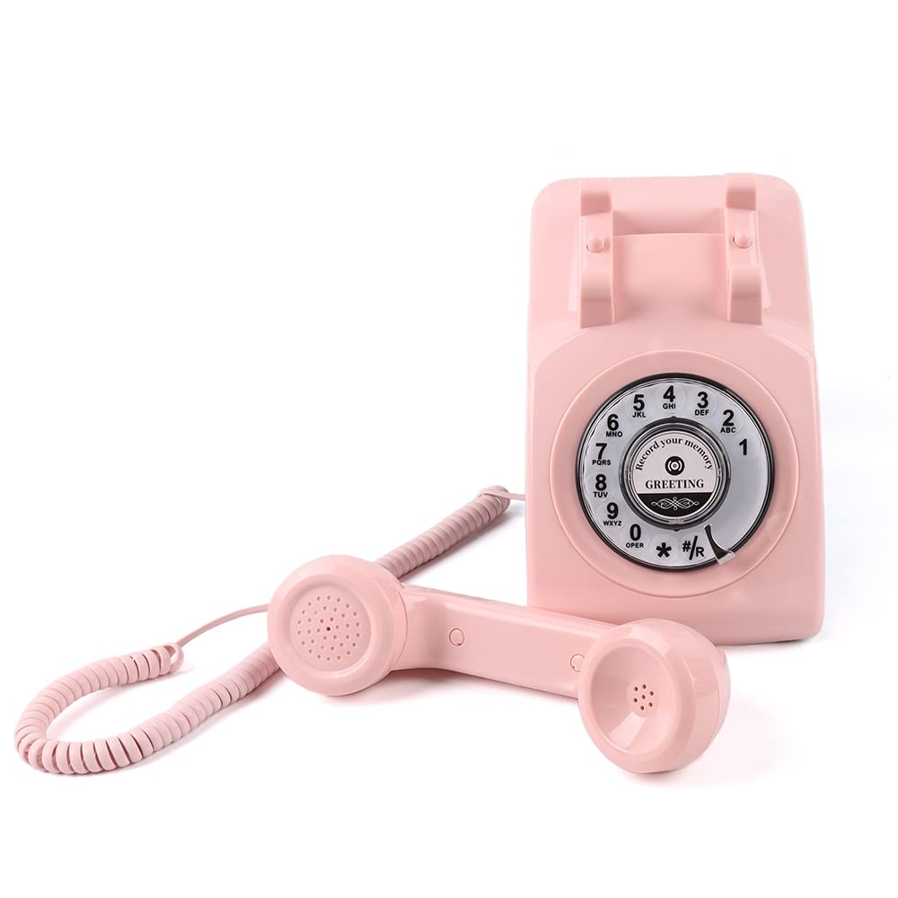 QUOXO Premium Audio Guest Book Telephone with Free LED Wedding Sign and A5 Vertical Photo Frame | Vintage and Retro Style Audio Guestbook | Rotary Phone with Audio Record Voice Messages (Pink)