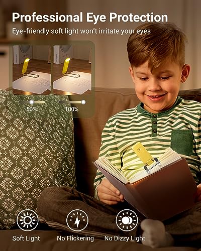 Image of DEWENWILS Rechargeable Book Light for Reading in Bed, Warm White, Brightness Adjustable for Eye Care, LED Clip on Book Lights for Kids, Portable Bookmark Light, Yellow