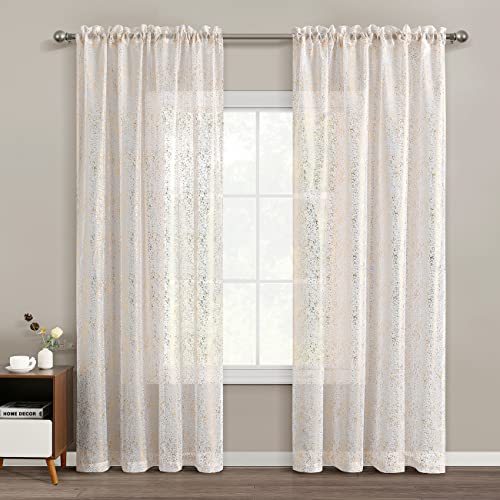 TERLYTEX Durchscheinende Vorhänge, 114 cm Länge, 2 Schals, Punkt-Design aus Metallic-Goldfolie, glitzernd, Stangendurchzug, Privatsphäre… – Ansicht 2