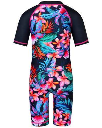 Image of TFJH E Short Sleeve Girls Swimsuits UV 50+ One Pieces Zipper 2-14Y | From beach vacations and pool parties to cruises and water parks, this colorful floral swimsuit is her summer favorite