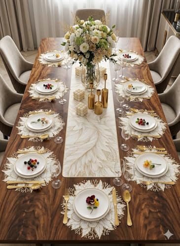 Image of Dining Table Mat and Runner Set for Home Kitchen Reusable Placemat Combo Set for Everyday Dining Use and Table Setup (Luxury Floral Design Table mat + Modern ractangle Table Runner, Pack of 9 (8+1))