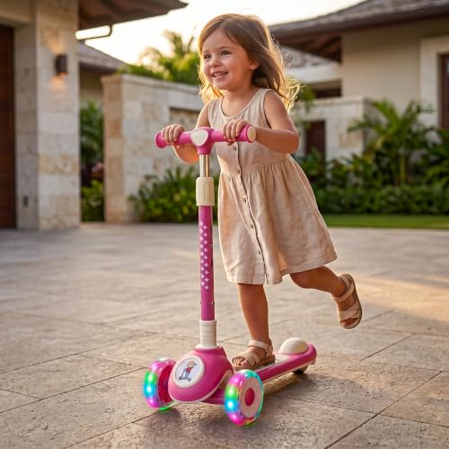 Image of Baybee Rydelle 3 Wheel Kick Scooter for Kids with LED Light Up Wheels & Music | Foldable, 3 Height Adjustable Kid Scooter Handle & Brake | Runner Scooters for Kids 2 to 10 Years Boys Girls (Red)