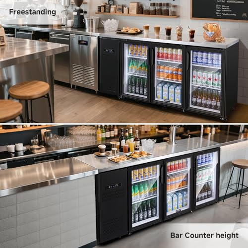 Image of BODEGA BODEGACOOLER Commercial Bar Cooler with 3 Glass Doors, 20.5 Cu.Ft Back Bar Beverage Refrigerator for Beer Soda Wine,LED Lighting With Stainless Steel Top,Casters Kitchen Buffet Table Use