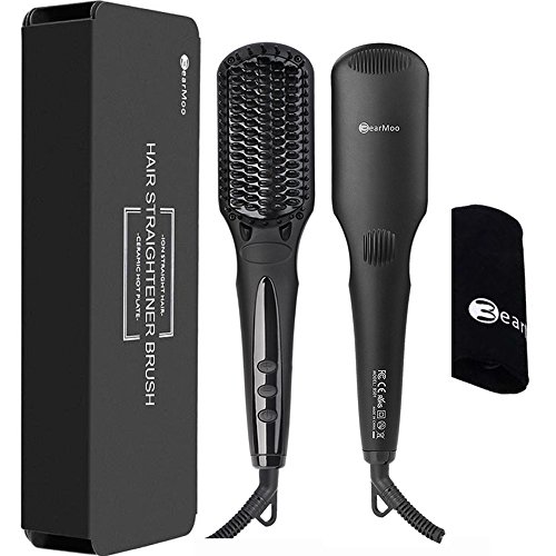 Hair Straightening Brush, BearMoo Ionic Heated Straightener Brush - Electric Hairbrush Ceramic Hot Brush Comb - MCH Fast Heating -Nice Gift Package for Ladies- Matte Black
