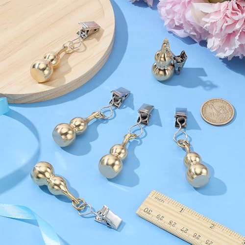 PLIGREAT 6 Pcs Pure Copper Solid Gourd Heavy Tablecloth Weights, Gold Gourd with Metal Tablecloth Clips Table Cover Weights for Outdoor Table, Curtains, Flag, Dinner Party