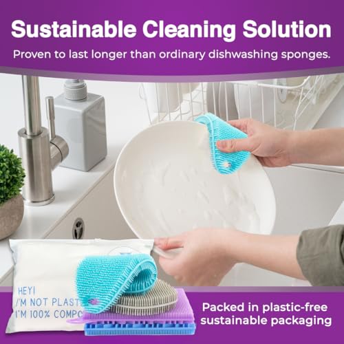 Image of Silicone Sponges for Dishes - 4 Pack Dual-Sided Dish Scrubber - Food Grade, BPA Free Silicone Sponge & Housecleaning