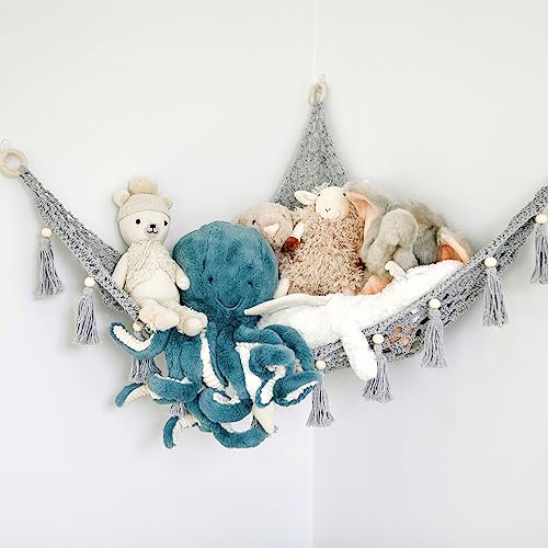 Image of Sasa Baby and Toddler Macrame Toy Hammock for Stuffed Animals - Plush Toy Hammock, Grey Nursery Decor, Hanging Stuffed Animal Organizer, Pebble Grey